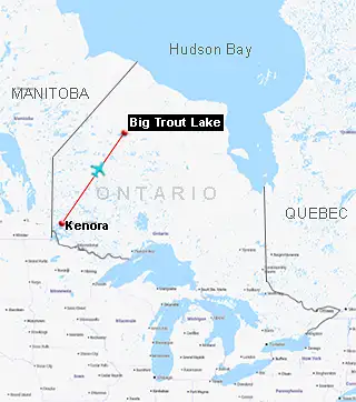Map showing the route from Armstrong to Big Trout Lake
